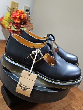 Dr. Martens Black T-Bar Mary Jane Polley Shoes with Yellow Stitching
